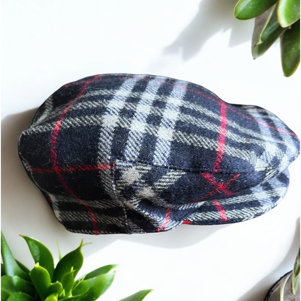 🔥BURBERRYS Cap VINTAGE Blue Gray Black White Red Wool Tartan Newsboy Hat - XL